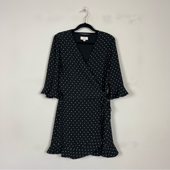 LOFT WRAP POLKA DOT MINI DRESS ROMPER WITH SLEEVES BLACK AND WHITE SIZE 2 - Picture 2 of 16